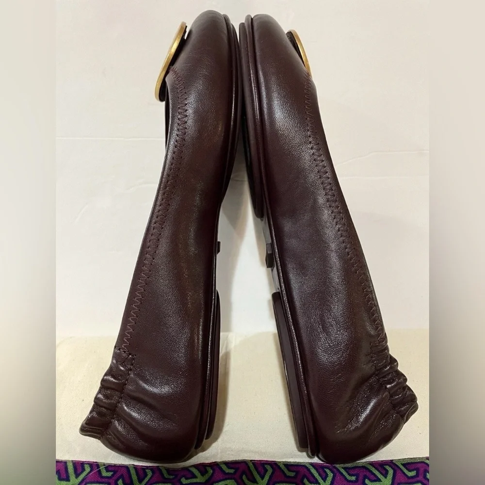 Tory Burch Women's Burgundy  Flats with Gold Emblem. - Picture 6 of 16